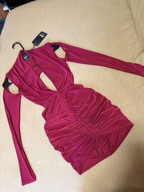 EGO Burgundy Cutout Ruched Long-Sleeve Mini Dress